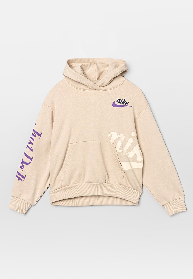 Hoodie beige en mélange de coton, avec une poche kangourou, logo Nike violet sur la poitrine, et texte "Just Do It" en violet sur la manche.