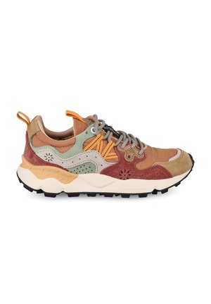 Multicolor sneaker with brown, beige, green, and maroon suede and leather panels, textured sole, and black and white laces.