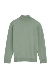 Pull vert menthe, col montant côtelé, manches longues, texture lisse, ourlet et poignets ajustés, dos uni sans motifs ou accents supplémentaires.