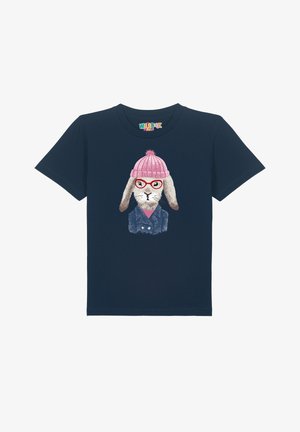 Navy blue kids' t-shirt with a rabbit wearing a pink knit hat, red glasses, and a blue coat illustrated on the front.