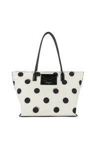Sac fourre-tout blanc à pois noirs, avec des anses noires et une petite poche avant portant l'étiquette "Lancaster Paris".