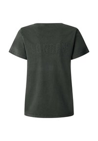 Olive roheline puuvillane t-särk ümarakaeluse, lühikeste varrukate ja seljal olevate perforatsioonidega "LONDON" kirjaga. Pehme tekstuur ja lõdvestunud istuvus.