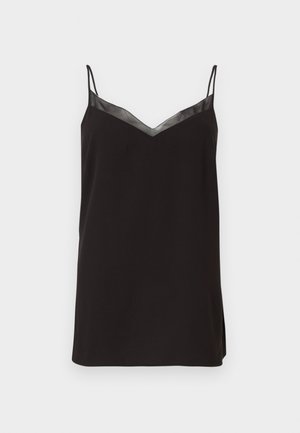 Schwarzes Camisole mit dünnen, verstellbaren Trägern und einem V-Ausschnitt, verziert mit einem Satinbesatz am Ausschnitt. Glattes Material mit lockerer Passform.