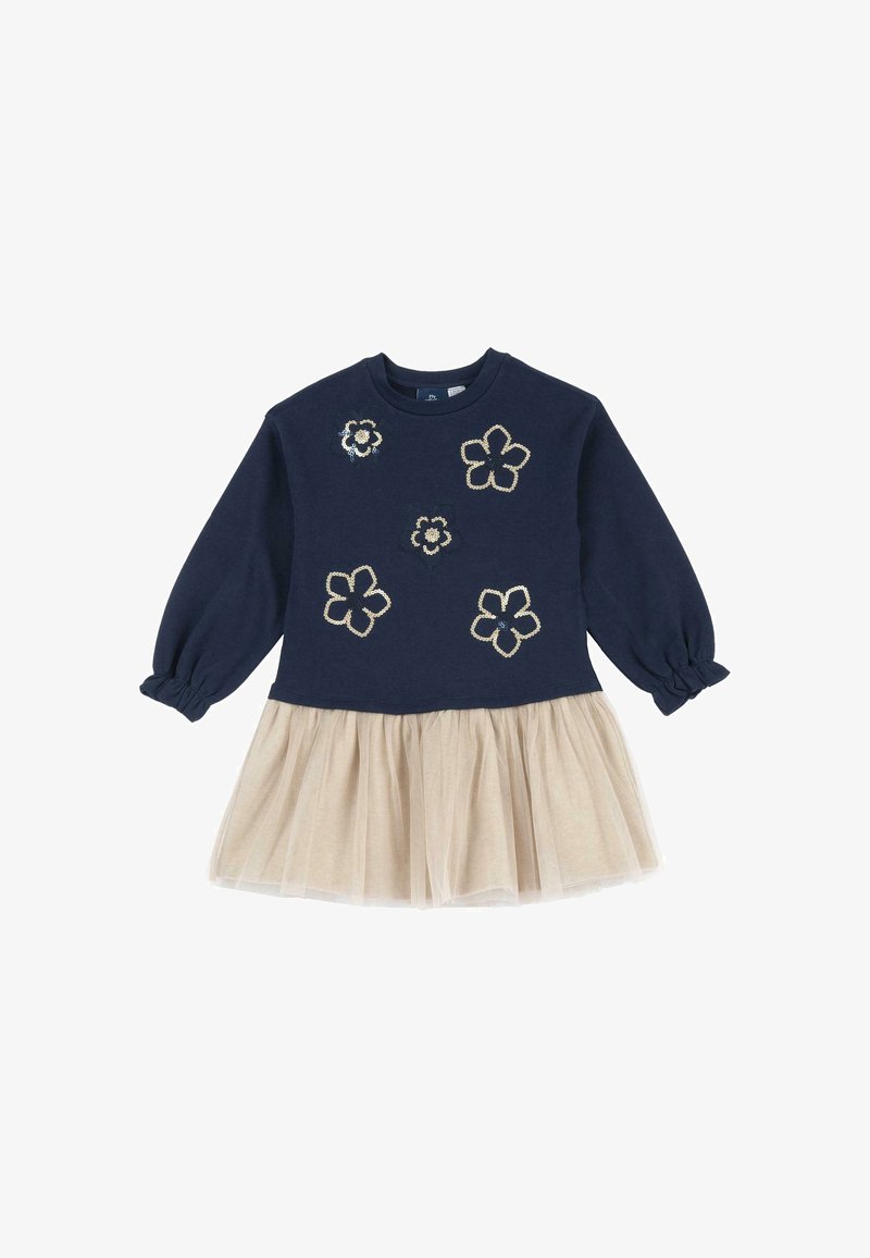 Haut à manches longues bleu marine pour enfant avec motifs de fleurs en sequins, associé à une jupe en tulle beige attachée à la taille.