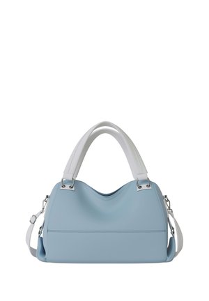 Light blue handbag with white double handles and detachable shoulder strap, silver metal hardware, smooth texture, and curved top edge.