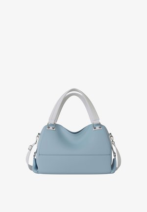 Light blue handbag with white double handles and detachable shoulder strap, silver metal hardware, smooth texture, and curved top edge.