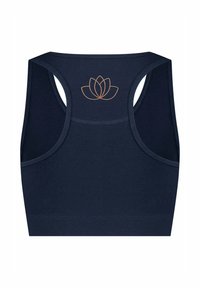 Laivastonsininen racerback-urheiluliivit, jossa yksinkertainen oranssi lootuskukkalogo keskitettynä lähelle yläselkäpaneelia.