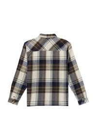 Geruit overhemd met een combinatie van marineblauw, grijs en beige. Gemaakt van zachte stof met knopenmanchetten en een klassieke kraagontwerp.