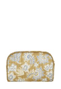 Floral-patterned cosmetic bag in golden yellow with blue and white designs. Rounded shape with textured surface and zipped closure.