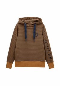 Pruun ja tumesinine triibuline kapuutsiga pusa, millel on suur tasku, reguleeritav kapuuts ja "JOULES" trükk varrukal. Valmistatud pehmest puuvillamaterjalist.