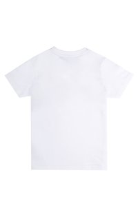 T-shirt bianco in cotone a maniche corte con colletto rotondo, caratterizzato da un design semplice e senza loghi o motivi visibili sul retro.