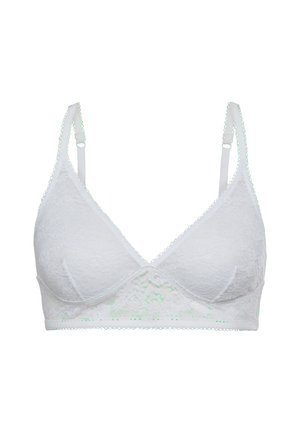 Witte kanten bralette met driehoekige cups en verstelbare bandjes. Kenmerkt zich door geschulpte randen en een subtiele glans. Geen beugels.