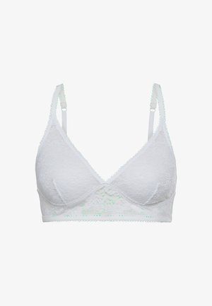 Weißes Spitzen-Bralette mit dreieckigen Cups und verstellbaren Trägern. Mit gewellten Kanten und einem subtilen Glanz. Ohne Bügel.
