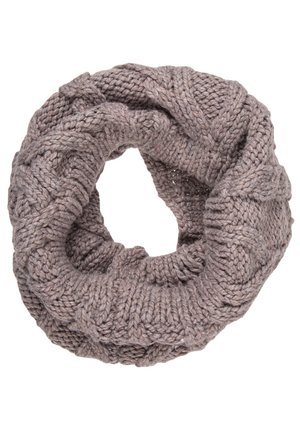 Écharpe infinie épaisse taupe tricotée avec motif torsadé, texture douce et détails côtelés.