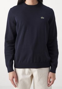 Mörkblå stickad tröja med rund halsringning och ribbade muddar och fåll, med en liten grön krokodillogo på vänster bröst.