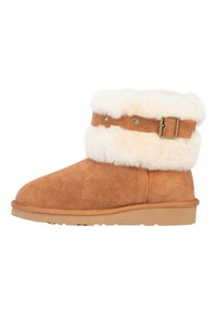 Braune Wildleder-Ankle-Boots mit einem weichen cremefarbenen Kunstfellbund und einem dekorativen Gürtelakzent. Flache Gummisohle mit Vertiefungen für besseren Halt.