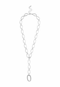 Silberne Kettenhalskette mit großen rechteckigen Gliedern und einem vertikalen Anhänger, der in einem strukturierten ovalen Anhänger endet, sowie einem verstellbaren Verschluss.