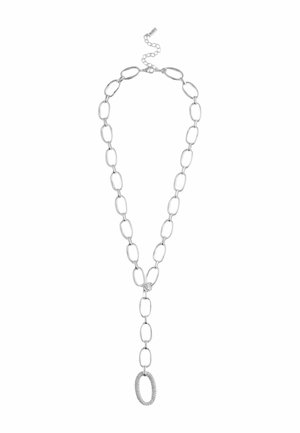 Silver chain necklace with large rectangular links and a vertical drop ending in a textured oval pendant and adjustable clasp.