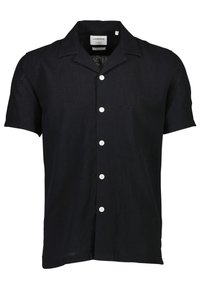 Camicia nera in lino a maniche corte con colletto a punta, bottoni bianchi e orlo dritto, con una finitura in tessuto testurizzato.