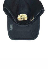 Black baseball cap with adjustable metal strap, featuring a yellow and black embroidered logo inside. NHL logo tag on the side.