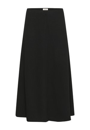 Black, knee-length skirt made from soft cotton-blend fabric, featuring a simple, flared design and elastic waistband with no visible fastenings.