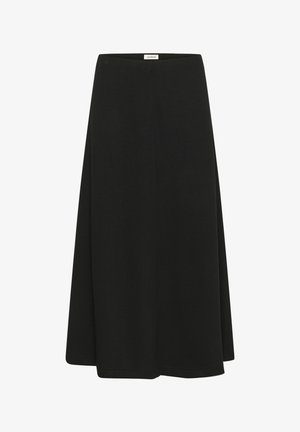 Jupe noire, longueur genou, fabriquée en tissu en coton doux mélangé, avec un design simple évasé et une taille élastique sans fermetures visibles.