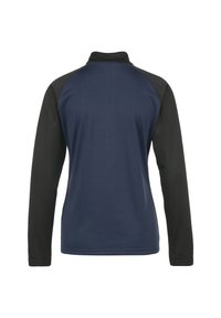 Maglione a maniche lunghe con corpo blu navy e maniche raglan nere, caratterizzato da un colletto alto e una texture liscia. Design semplice e funzionale.