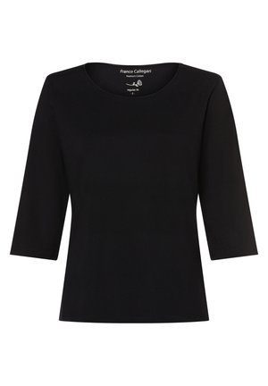 Schwarzes Baumwolloberteil mit rundem Halsausschnitt und drei Viertelärmeln. Hat eine reguläre Passform und eine glatte Textur. Keine sichtbaren Muster oder Hardware.