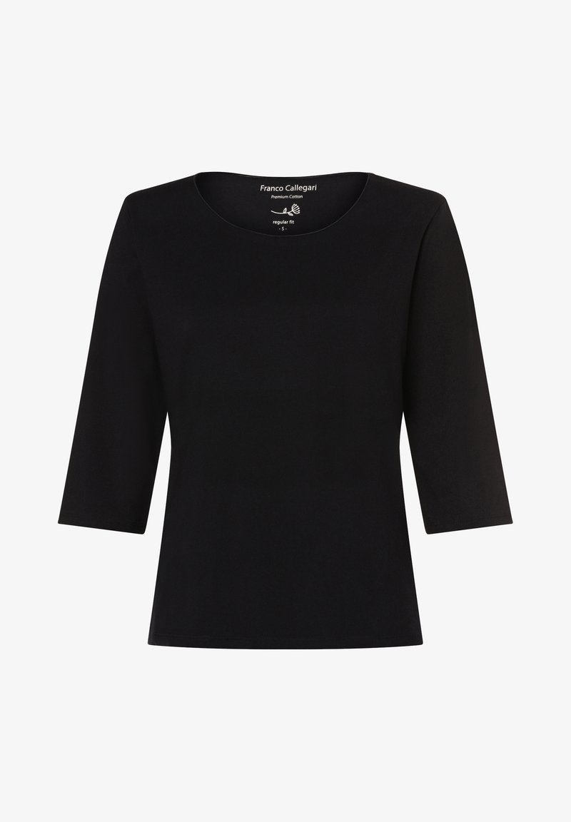 Schwarzes Baumwolloberteil mit rundem Halsausschnitt und drei Viertelärmeln. Hat eine reguläre Passform und eine glatte Textur. Keine sichtbaren Muster oder Hardware.