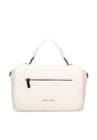 Borsa a mano in ecopelle bianca con dettagli borchiati, tasca con zip frontale e manico superiore. Presenta una superficie liscia e un logo impresso.