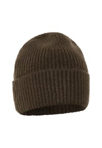 Căciulă tricotată ribbed de culoare maro, cu tiv pliat, fabricată dintr-un material moale și pufos.