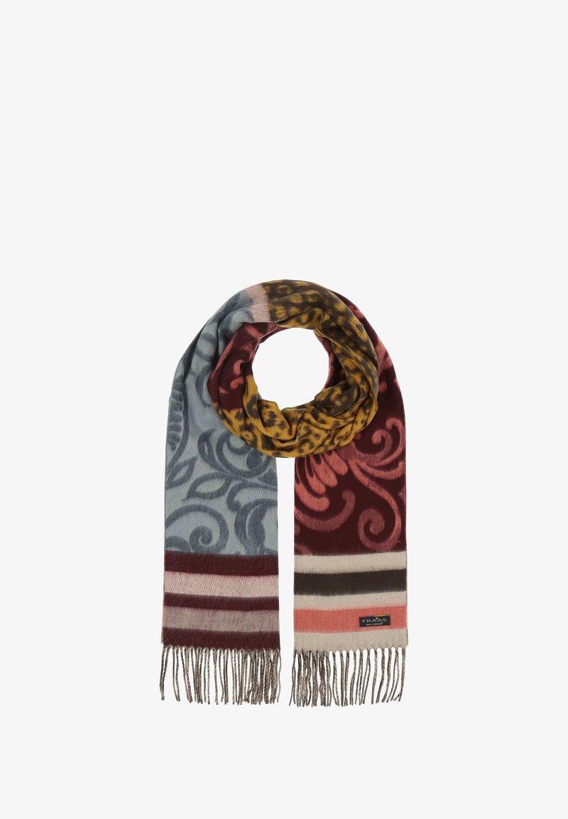 Spalvingas šalikas, turintis įvairių raštų, įskaitant spiralinius ir leopardinius, raudonos, mėlynos ir geltonos spalvų tonus, su kutais.