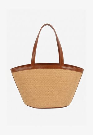 Sac cabas tissé beige avec poignées et garniture en cuir marron, large ouverture supérieure et base structurée.
