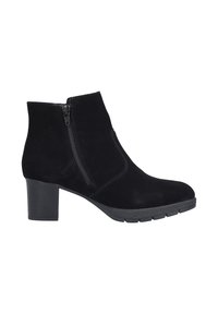 Black suede ankle boots featuring a side zipper, chunky heel, rounded toe, and textured rubber sole for grip.