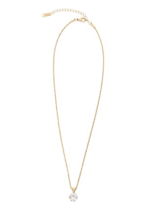 Collana delicata in oro con ciondolo singolo di pietra preziosa tonda trasparente e chiusura regolabile con moschettone.