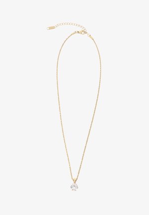 Delicado collar de cadena de oro con un colgante de piedra preciosa redonda y transparente, y cierre ajustable.