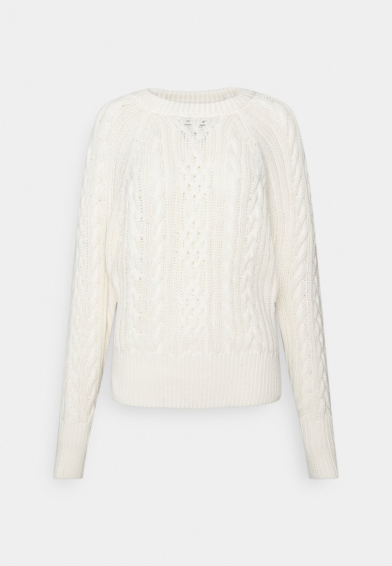 Pull en maille torsadée de couleur crème, à manches longues et col rond, présentant des motifs variés en maille texturée.