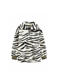 Pullover med zebra-mønster lavet af blødt, tekstureret stof. Har en lynlåslukning i halsen og sorte manchetter med gule striber. Sort og hvid farver.