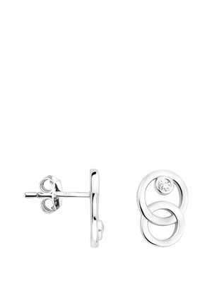 Boucles d’oreilles clous en argent avec deux cercles ouverts entrelacés et une petite pierre précieuse claire sertie dans le cercle supérieur.
