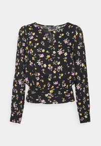 Blusa preta de manga longa com um padrão floral, apresentando flores rosas e amarelas, um decote redondo e detalhes franzidos na cintura.