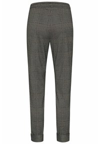 Pantalon slim à carreaux gris et noir avec ourlet retroussé et sans poches visibles, présenté de dos sur fond blanc.