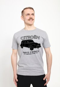 T-shirt in cotone grigio con grafica in outline nera di un'auto Citroën vintage, con il testo "CITROËN PARIS-FRANCE DRIVING CLUB".