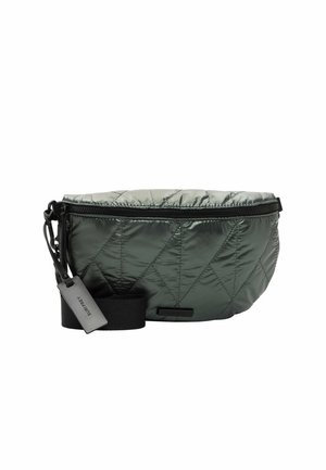 Steppte dunkelgrüne Bauchtasche mit schwarzem Reißverschluss und verstellbarem schwarzem Träger, mit kleinem rechteckigem Markenzeichen.