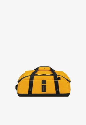 Sac de sport souple jaune et noir avec deux poignées noires, compartiment principal zippé, et logo Samsonite à l'avant.