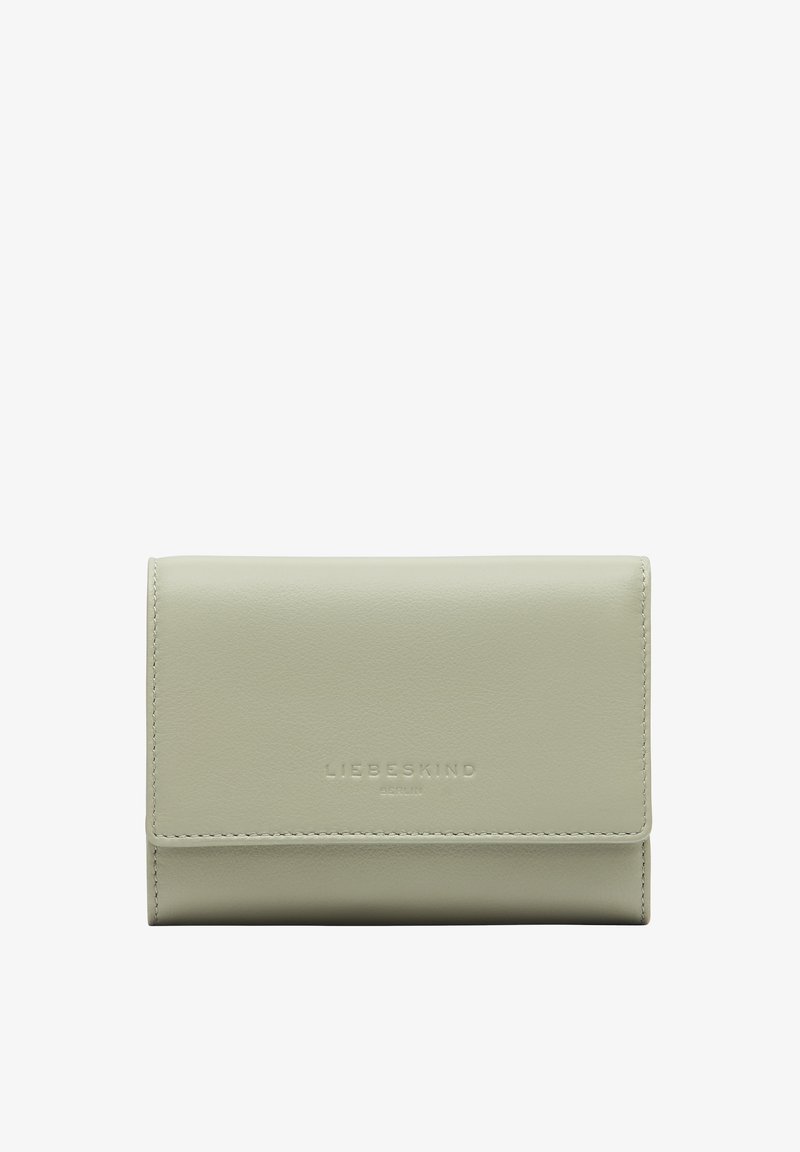 Jasnozielony skórzany portfel o gładkiej fakturze, posiada składany design, subtelną markę i kontrastowe szycie na brzegach.