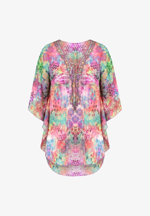 Tunica larga multicolore con laccio a scollo a V, motivi simmetrici intricati, maniche ampie e un mix di tonalità rosa, verde, blu e arancione.