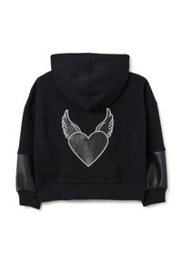 Sudadera negra con puños y dobladillo de canalé, diseño de corazón alado de cuero sintético en la parte posterior y parches de cuero sintético en las mangas.