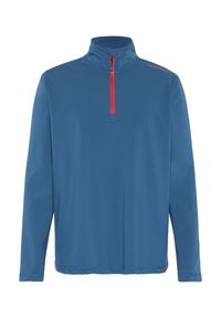 Blauer Pullover mit hohem Kragen und rotem Reißverschlussdetail. Glattes Material und lange Ärmel, mit einem Logo auf der Schulter.