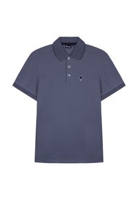 Donkerblauwe polo shirt gemaakt van tekstiel, met een kraag, drie knopen en een klein boompje logo op de linker borst.