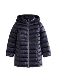 Manteau rembourré bleu marine avec une capuche, présentant un matelassage horizontal, une fermeture éclair et une texture lisse et brillante.